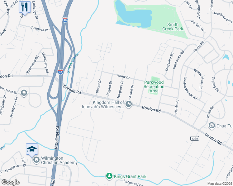 map of restaurants, bars, coffee shops, grocery stores, and more near 117 Hargrove Drive in Wilmington