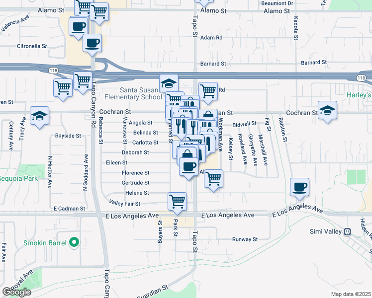 map of restaurants, bars, coffee shops, grocery stores, and more near 2245 Tapo Street in Simi Valley