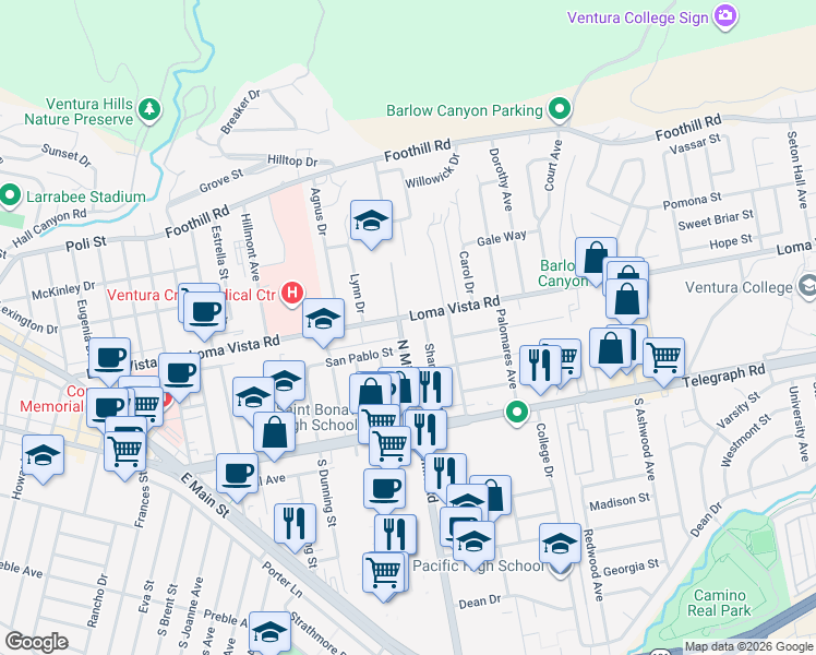 map of restaurants, bars, coffee shops, grocery stores, and more near 176 North Mills Road in Ventura
