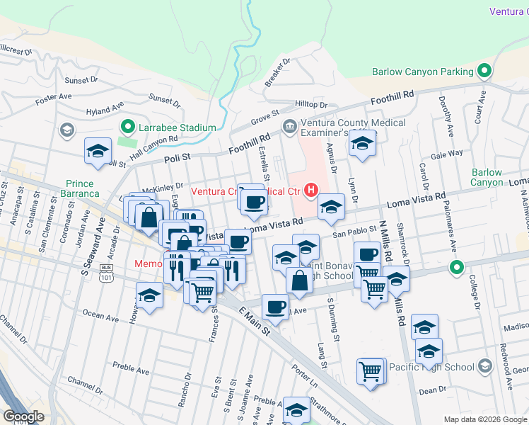 map of restaurants, bars, coffee shops, grocery stores, and more near 3012 Luna Drive in Ventura