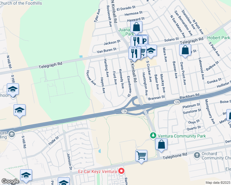 map of restaurants, bars, coffee shops, grocery stores, and more near 373 Ford Avenue in Ventura