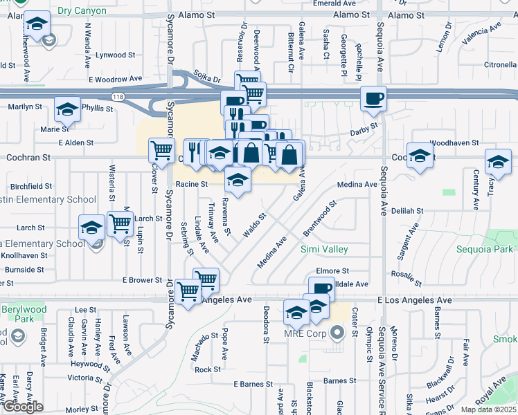 map of restaurants, bars, coffee shops, grocery stores, and more near 2251 Copley Street in Simi Valley