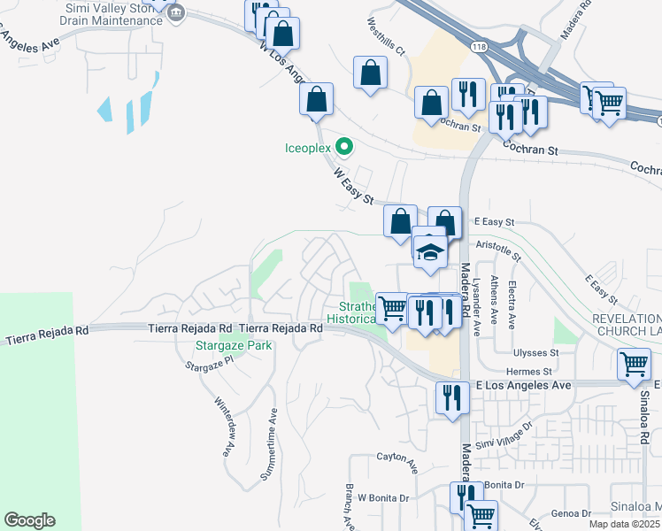 map of restaurants, bars, coffee shops, grocery stores, and more near 195 Tierra Rejada Road in Simi Valley