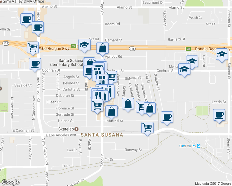 map of restaurants, bars, coffee shops, grocery stores, and more near 2299 Workman Avenue in Simi Valley