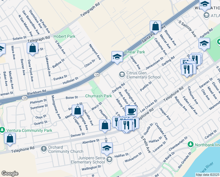 map of restaurants, bars, coffee shops, grocery stores, and more near 679 Chesapeake Place in Ventura