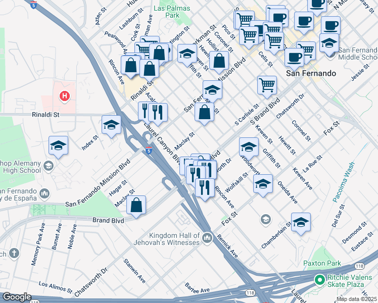map of restaurants, bars, coffee shops, grocery stores, and more near 11340 Rincon Avenue in San Fernando