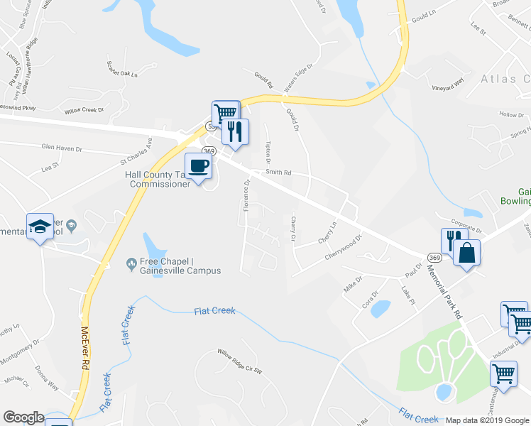 map of restaurants, bars, coffee shops, grocery stores, and more near 2865 Fox Bridge Court in Gainesville