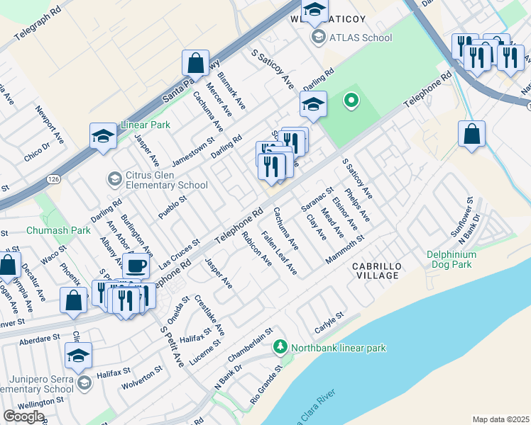 map of restaurants, bars, coffee shops, grocery stores, and more near 10163 Erie Street in Ventura