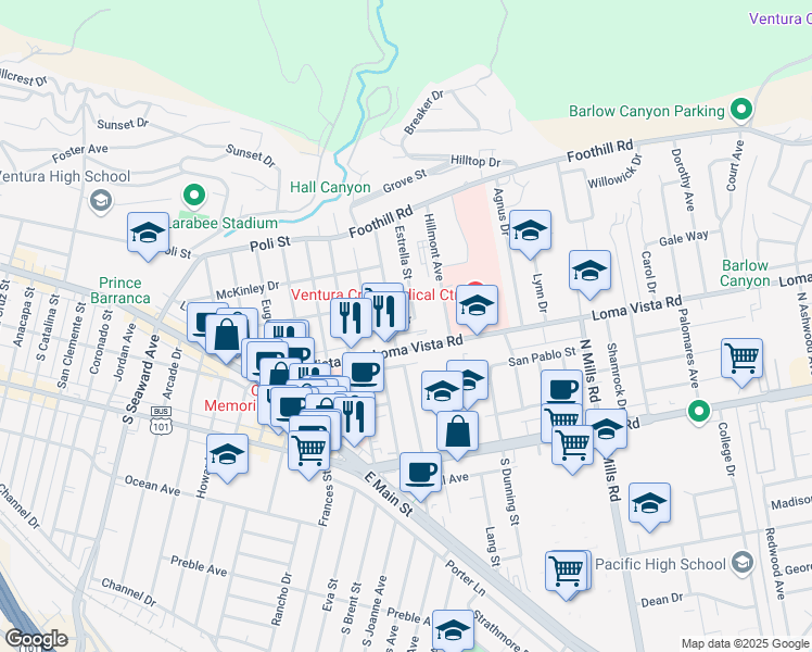 map of restaurants, bars, coffee shops, grocery stores, and more near 3018 Luna Drive in Ventura
