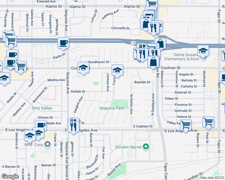 map of restaurants, bars, coffee shops, grocery stores, and more near 2257 Tracy Avenue in Simi Valley