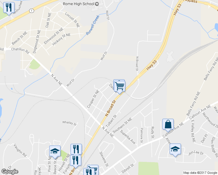 map of restaurants, bars, coffee shops, grocery stores, and more near 104 Earl Lane in Rome