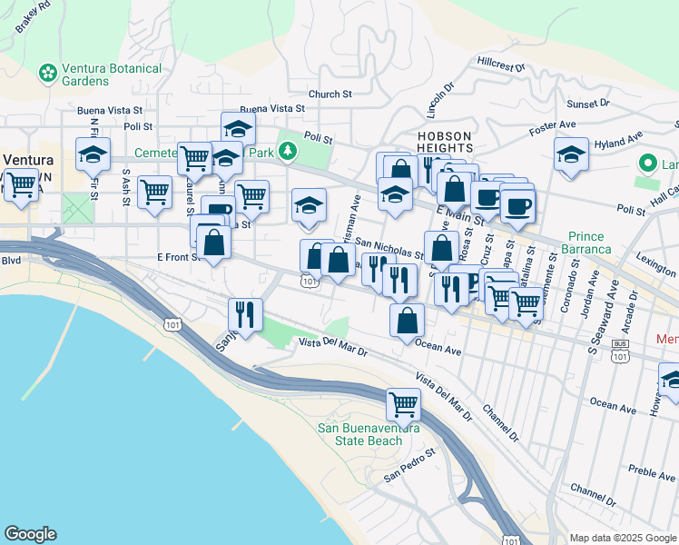 map of restaurants, bars, coffee shops, grocery stores, and more near 276 Chrisman Avenue in Ventura