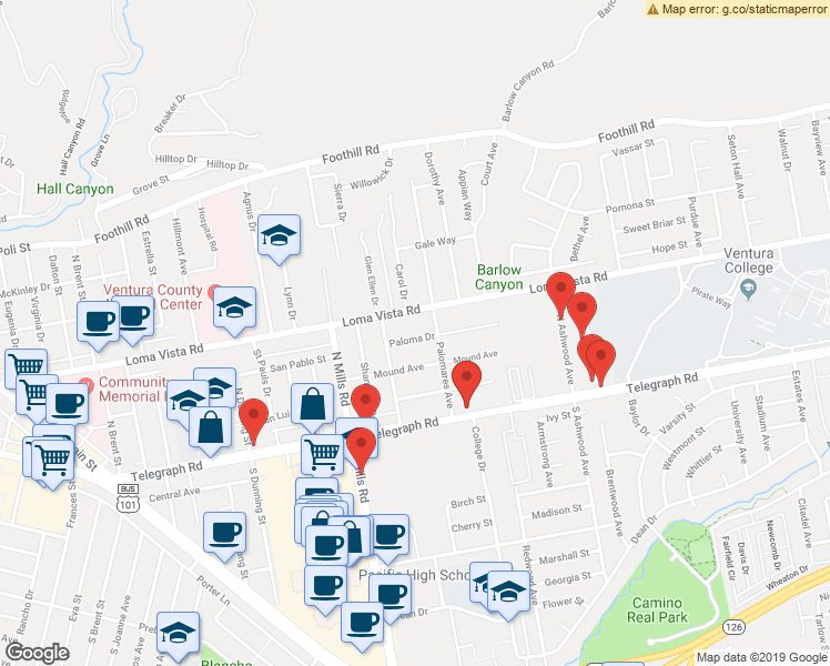map of restaurants, bars, coffee shops, grocery stores, and more near 3737 Paloma Drive in Ventura