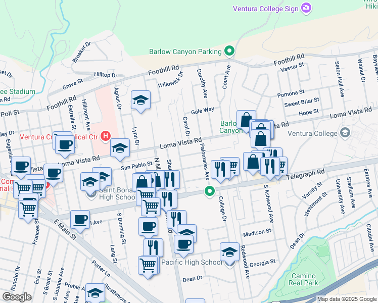 map of restaurants, bars, coffee shops, grocery stores, and more near 3715 Paloma Drive in Ventura