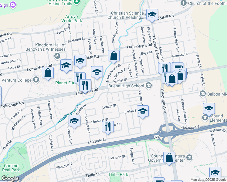 map of restaurants, bars, coffee shops, grocery stores, and more near 5430 Telegraph Road in Ventura