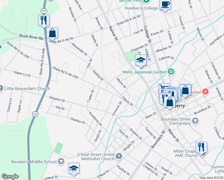 map of restaurants, bars, coffee shops, grocery stores, and more near 1724 Harris Street in Newberry