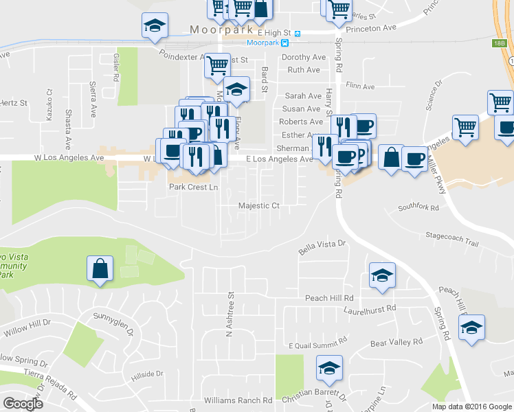 map of restaurants, bars, coffee shops, grocery stores, and more near 198 Majestic Court in Moorpark