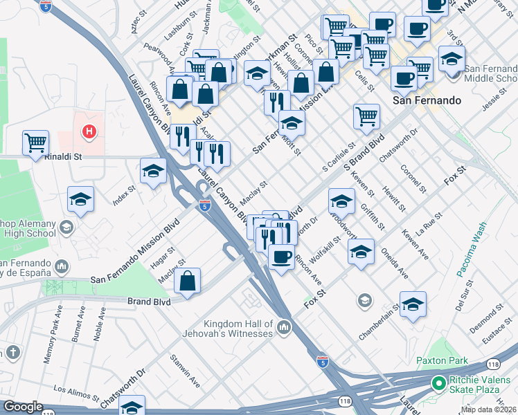 map of restaurants, bars, coffee shops, grocery stores, and more near 11340 Rincon Avenue in San Fernando
