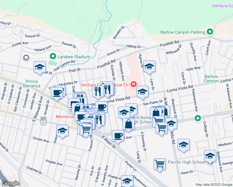 map of restaurants, bars, coffee shops, grocery stores, and more near 3062 Luna Drive in Ventura