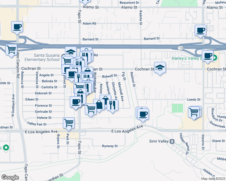 map of restaurants, bars, coffee shops, grocery stores, and more near 2295 Gloryette Avenue in Simi Valley