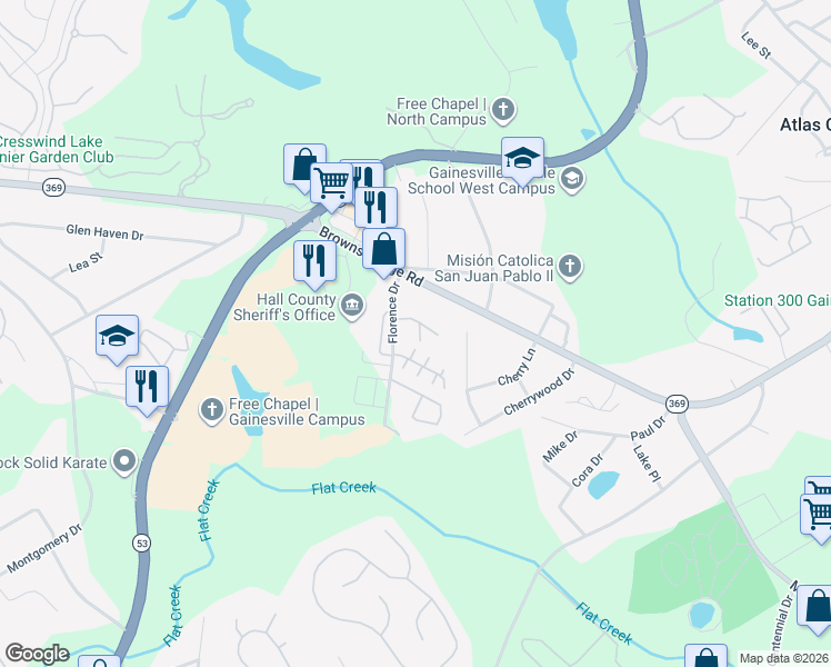 map of restaurants, bars, coffee shops, grocery stores, and more near 2854 Fox Bridge Court in Gainesville