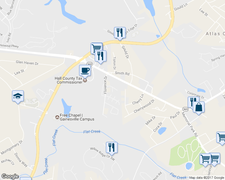 map of restaurants, bars, coffee shops, grocery stores, and more near 2858 Fox Bridge Court in Gainesville