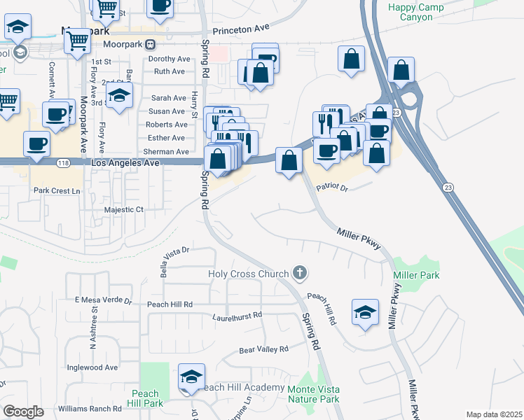 map of restaurants, bars, coffee shops, grocery stores, and more near 13713 Southfork Road in Moorpark