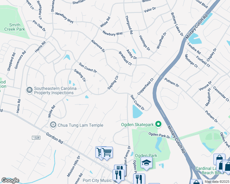 map of restaurants, bars, coffee shops, grocery stores, and more near 5415 Sun Coast Drive in Wilmington