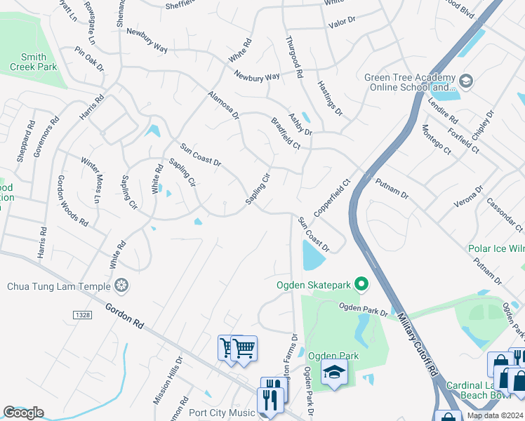 map of restaurants, bars, coffee shops, grocery stores, and more near 5543 Sun Coast Drive in Wilmington