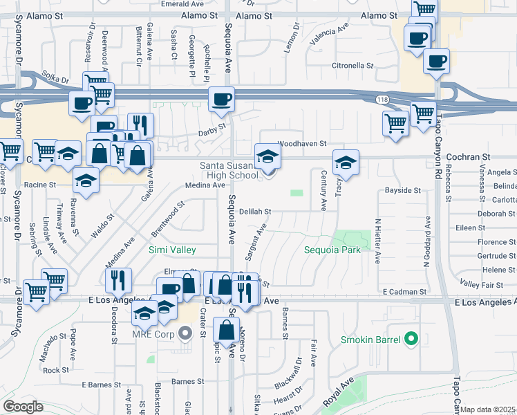 map of restaurants, bars, coffee shops, grocery stores, and more near 3467 Delilah Street in Simi Valley