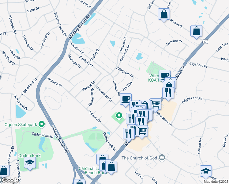 map of restaurants, bars, coffee shops, grocery stores, and more near 7315 Morley Court in Wilmington