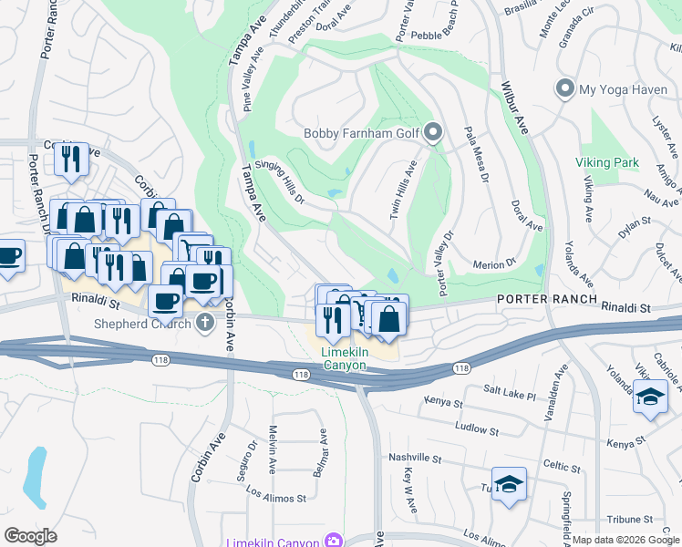 map of restaurants, bars, coffee shops, grocery stores, and more near 11321 Quail Creek Road in Los Angeles