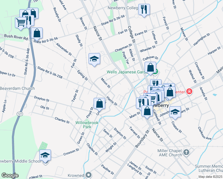 map of restaurants, bars, coffee shops, grocery stores, and more near 92 Cornelia Street in Newberry