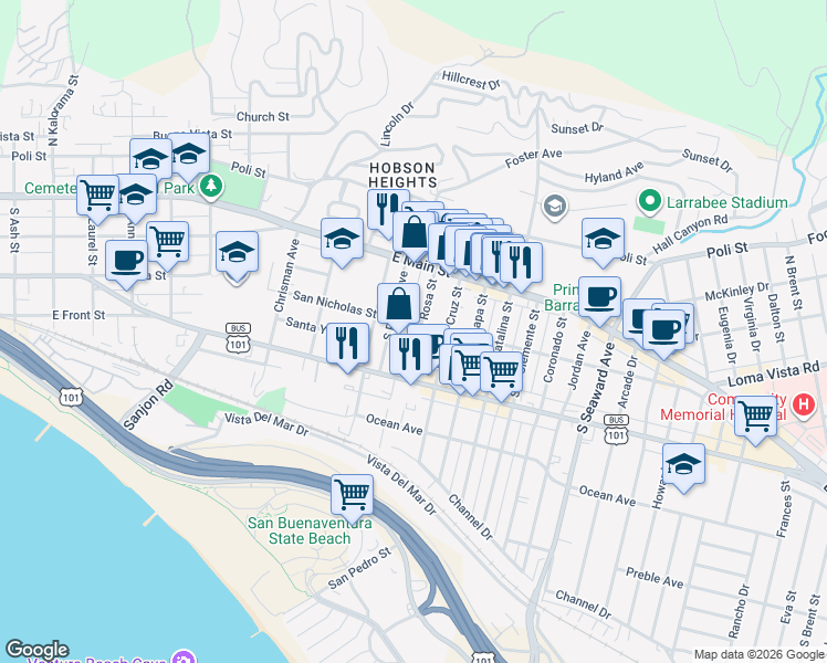 map of restaurants, bars, coffee shops, grocery stores, and more near South Santa Rosa Street in Ventura