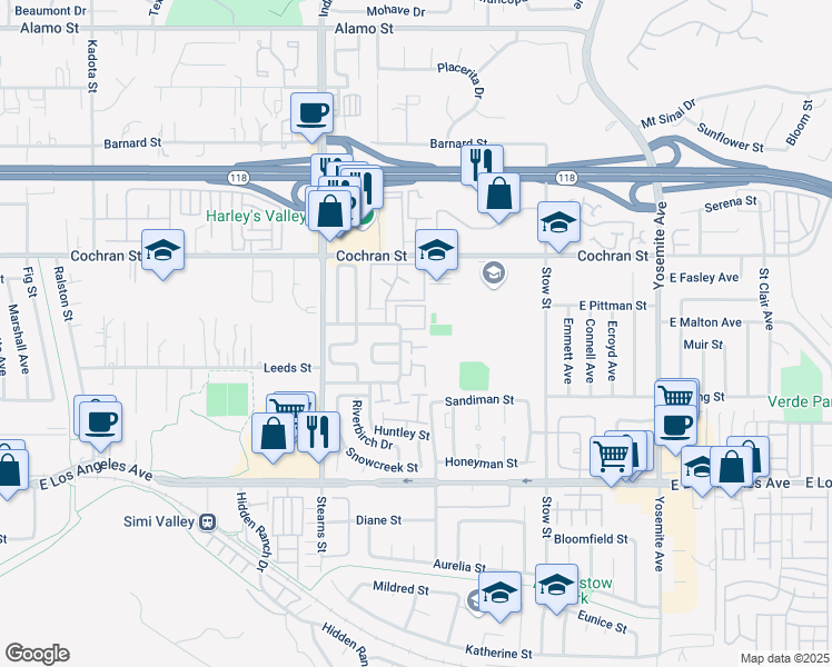 map of restaurants, bars, coffee shops, grocery stores, and more near 2264 Birch Glen Ave in Simi Valley