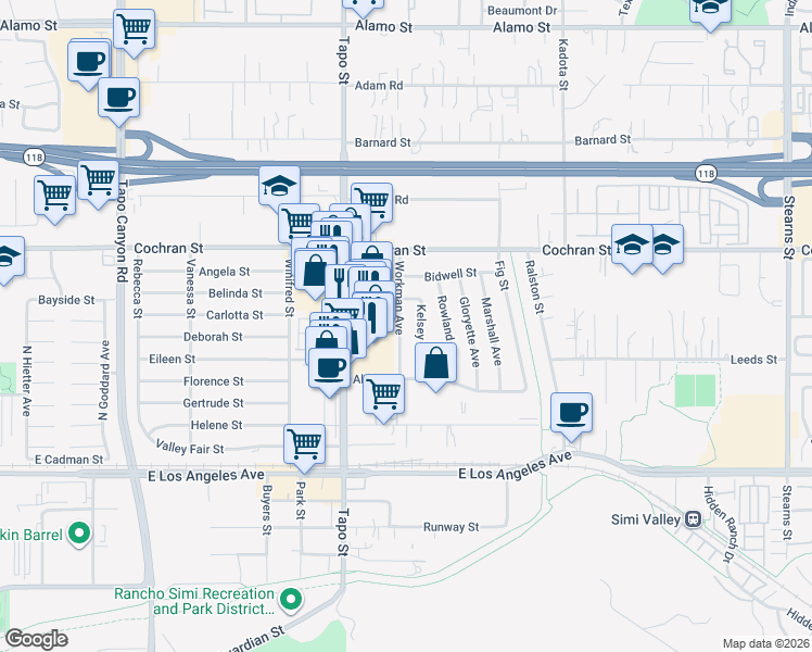 map of restaurants, bars, coffee shops, grocery stores, and more near 2299 Workman Avenue in Simi Valley