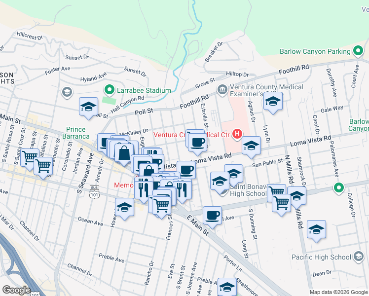 map of restaurants, bars, coffee shops, grocery stores, and more near 253 Homer Avenue in Ventura