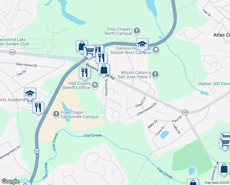 map of restaurants, bars, coffee shops, grocery stores, and more near 2870 Fox Wood Lane in Gainesville