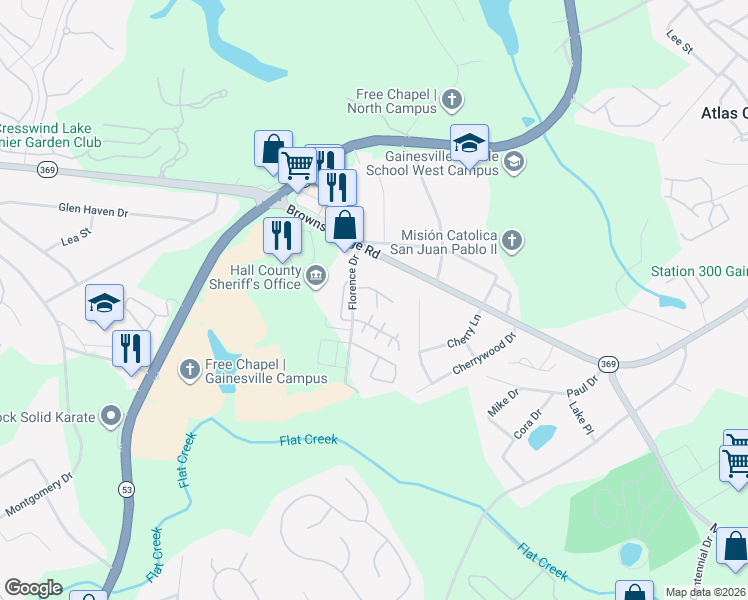 map of restaurants, bars, coffee shops, grocery stores, and more near 2854 Fox Bridge Court in Gainesville