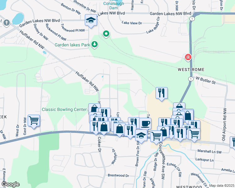 map of restaurants, bars, coffee shops, grocery stores, and more near 64 Lyons Drive Northwest in Rome