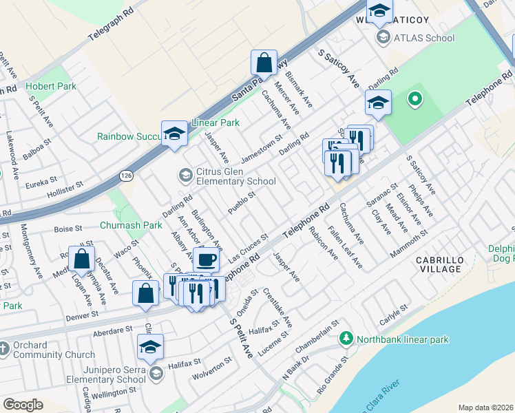 map of restaurants, bars, coffee shops, grocery stores, and more near 935 Concord Avenue in Ventura