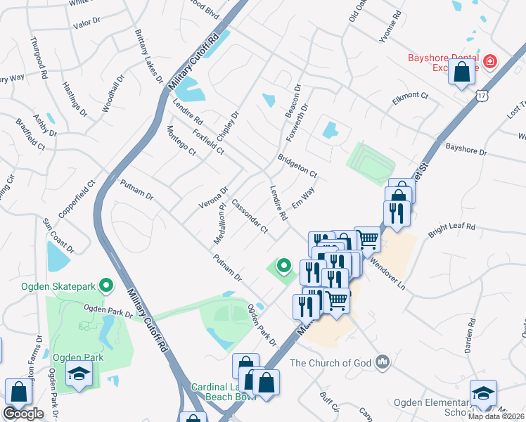 map of restaurants, bars, coffee shops, grocery stores, and more near 7310 Konlack Ct in Wilmington