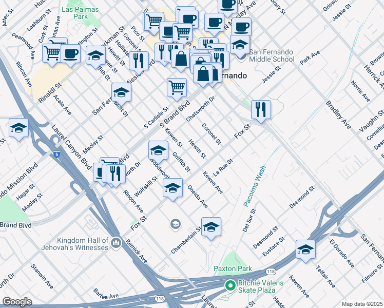map of restaurants, bars, coffee shops, grocery stores, and more near 637 Kewen Street in San Fernando