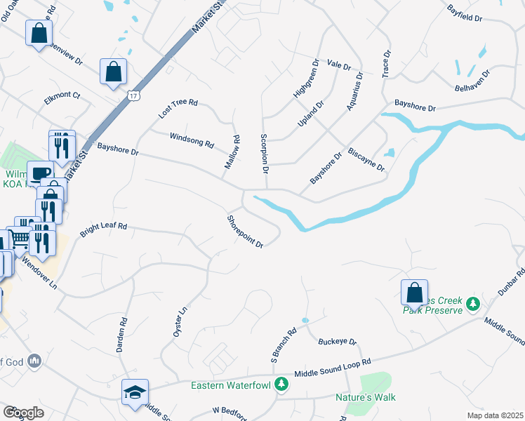 map of restaurants, bars, coffee shops, grocery stores, and more near 382 Shorepoint Drive in Wilmington