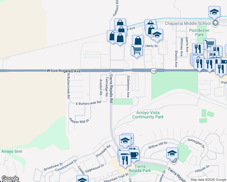 map of restaurants, bars, coffee shops, grocery stores, and more near 4753 Penrose Avenue in Moorpark