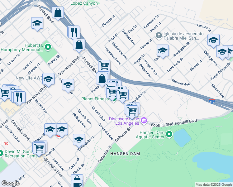 map of restaurants, bars, coffee shops, grocery stores, and more near 11973 Foothill Boulevard in Los Angeles