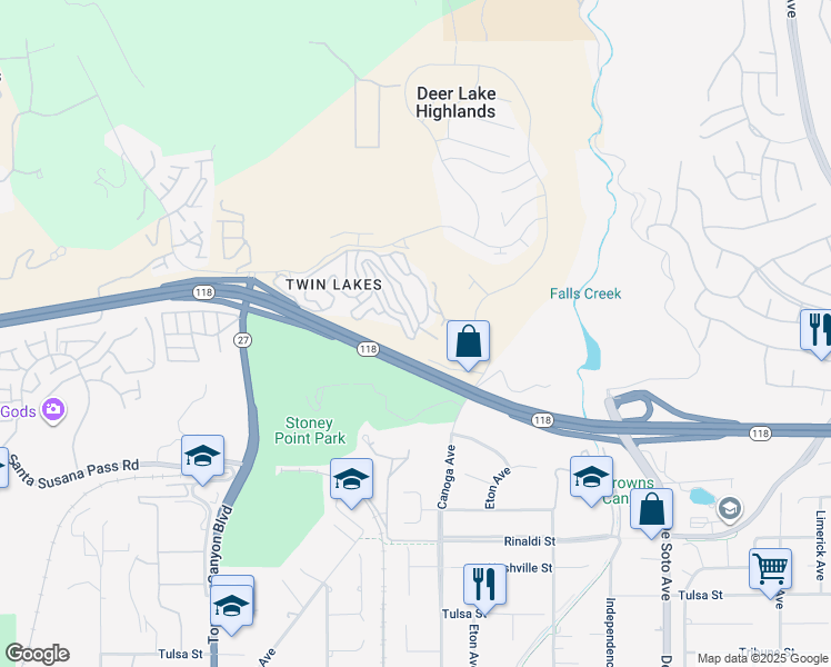 map of restaurants, bars, coffee shops, grocery stores, and more near Mayan Drive in Los Angeles