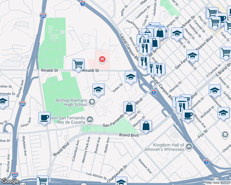 map of restaurants, bars, coffee shops, grocery stores, and more near 14956 Index Street in Los Angeles