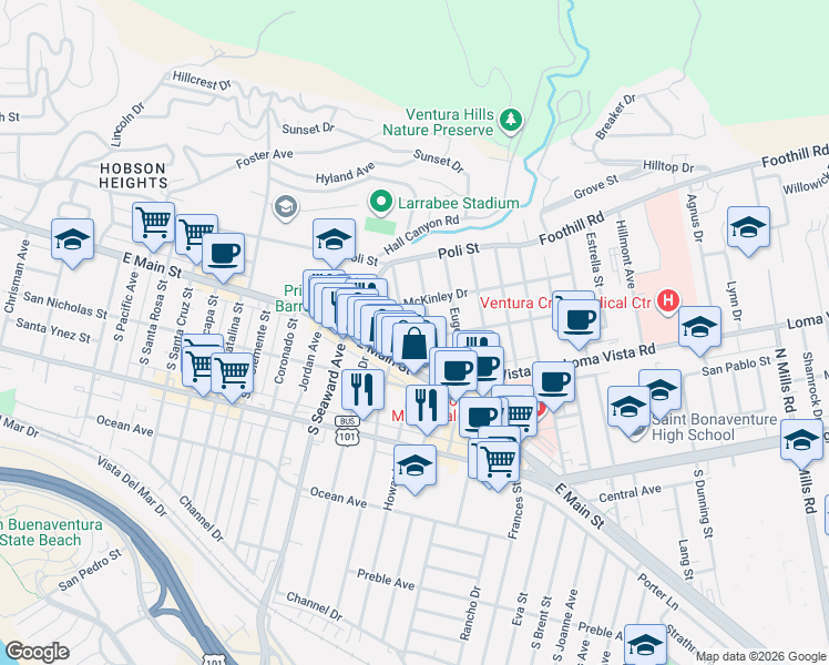 map of restaurants, bars, coffee shops, grocery stores, and more near 105 North Katherine Drive in Ventura