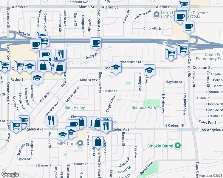 map of restaurants, bars, coffee shops, grocery stores, and more near 3467 Delilah Street in Simi Valley